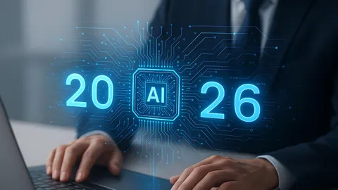 A professional working at a laptop with a glowing holographic 20 AI 26 interface above the keyboard