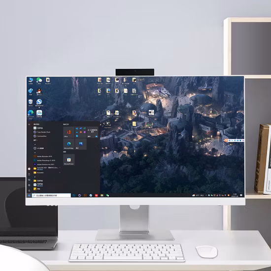A curved-screen 27-inch all-in-one desktop computer for home office and gaming on a clean desk
