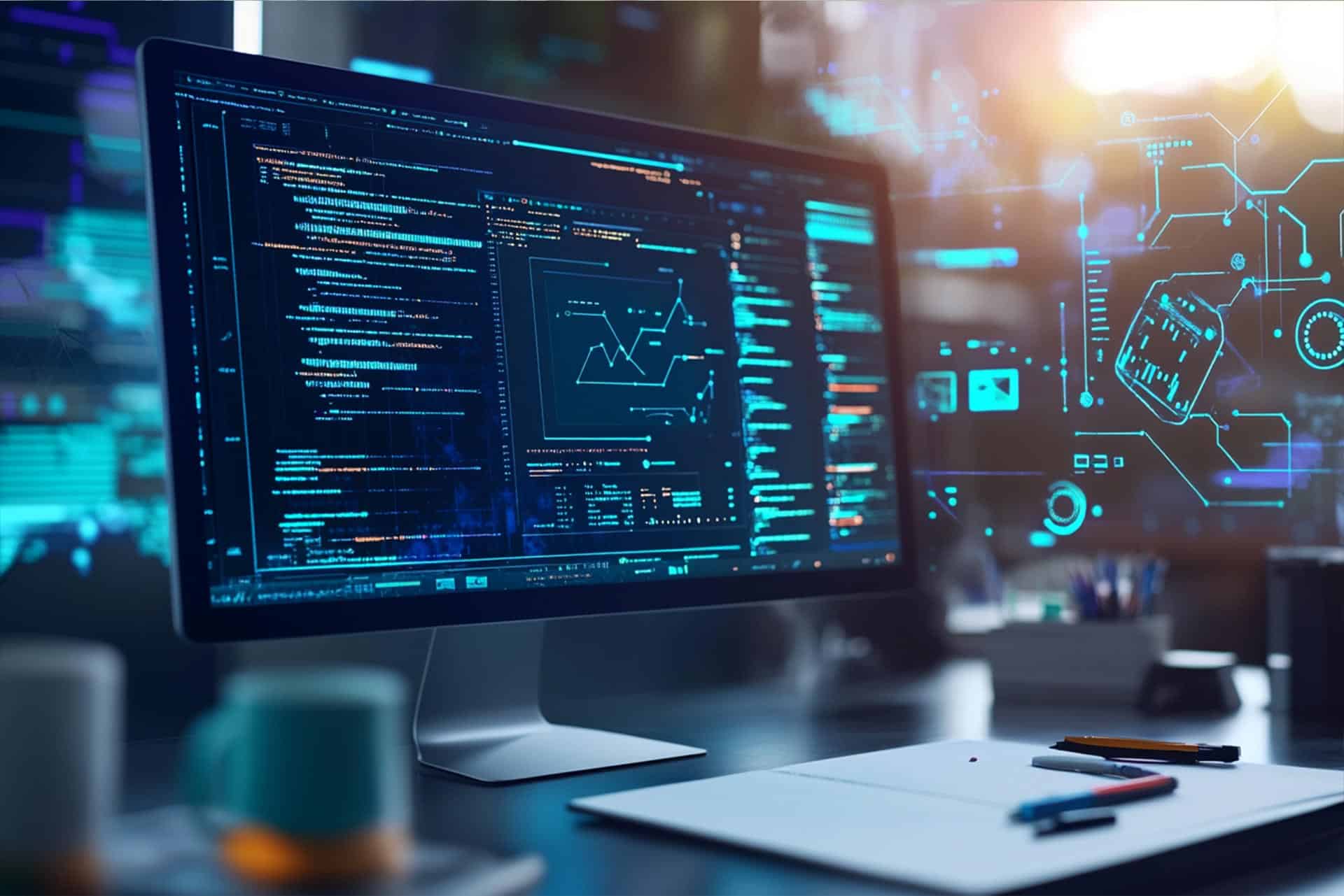 A high-resolution monitor displaying glowing blue code and data visualisations on a developer desk
