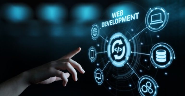 A hand touching a glowing Web Development interface surrounded by connected technology icons